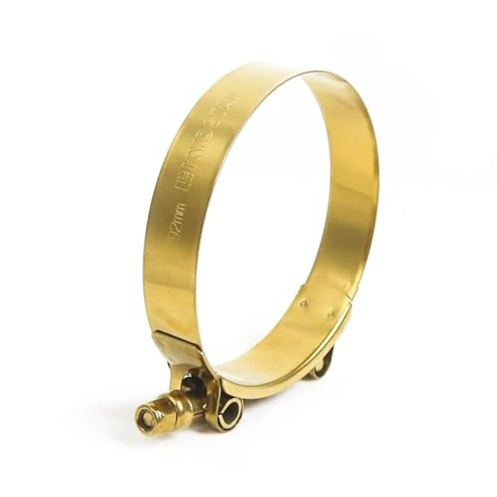 Gold stainless T-bolt hose clamp, side view showing band and fastening screw mechanism.