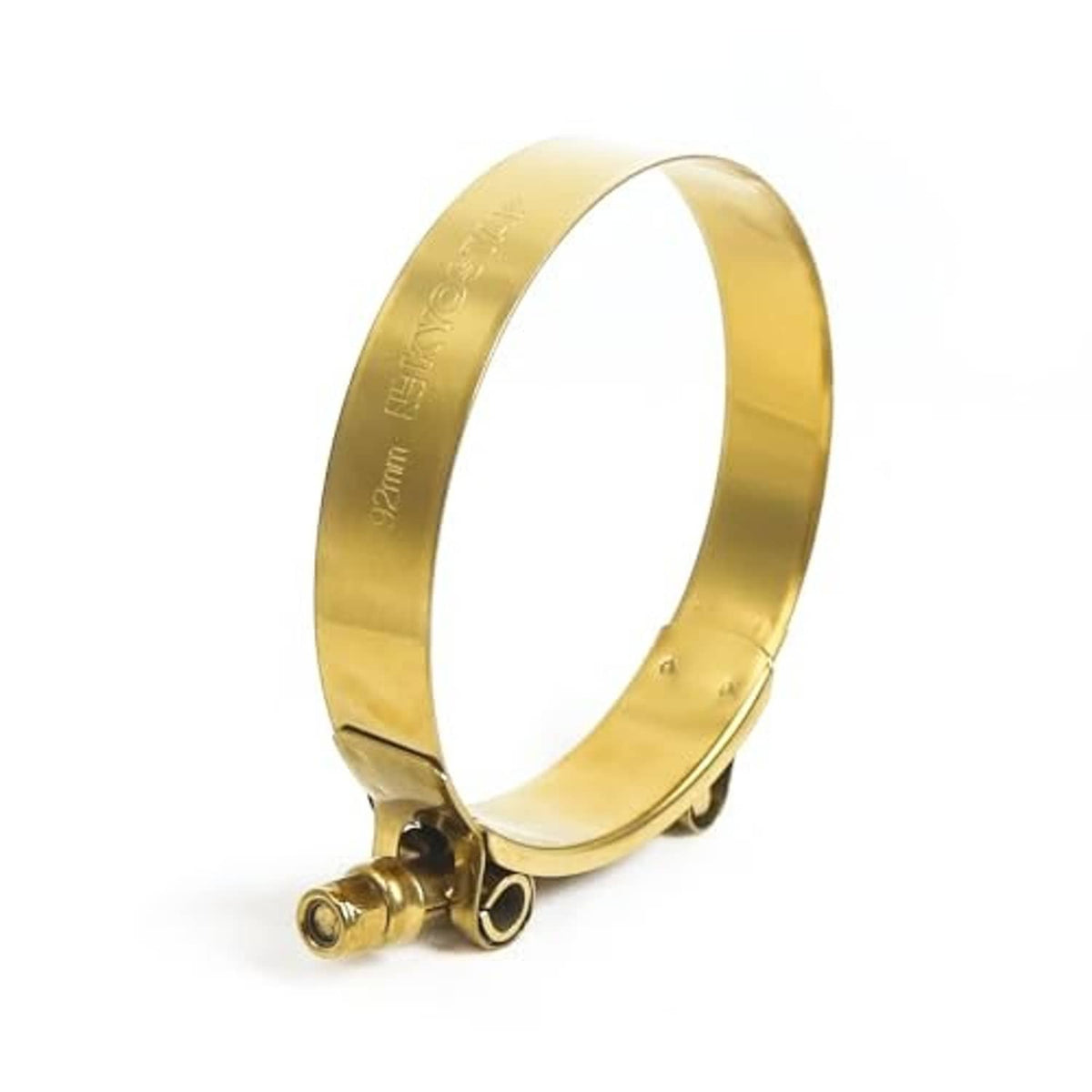 Gold stainless T-bolt hose clamp, side view showing band and fastening screw mechanism.