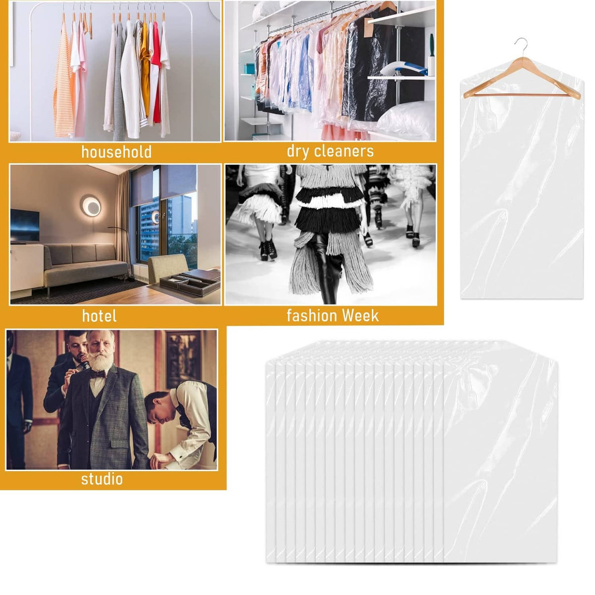 Pack of clear plastic hanging garment bags shown folded and stacked