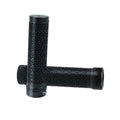 Lock-on bicycle handlebar grips, black textured rubber with aluminum end caps