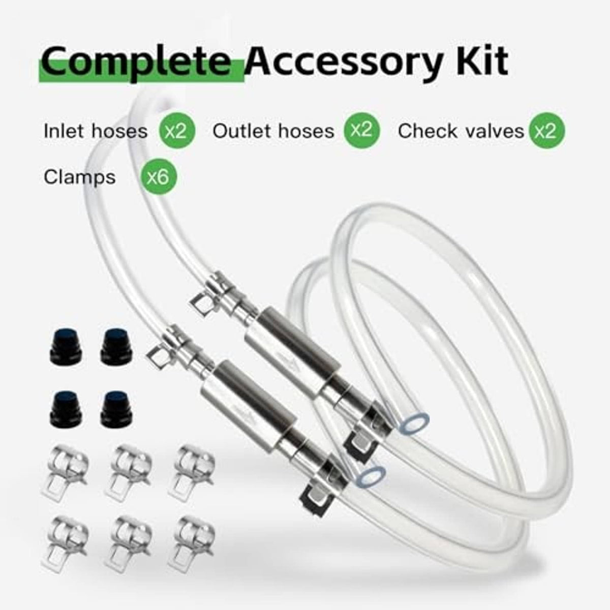 Brake bleeder hose accessory kit layout with clear hoses, clamps, and chrome check valves