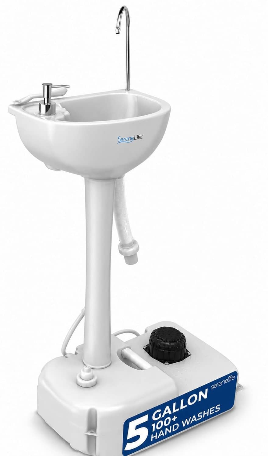 White portable hand wash sink station with stand, faucet, and foot pump base
