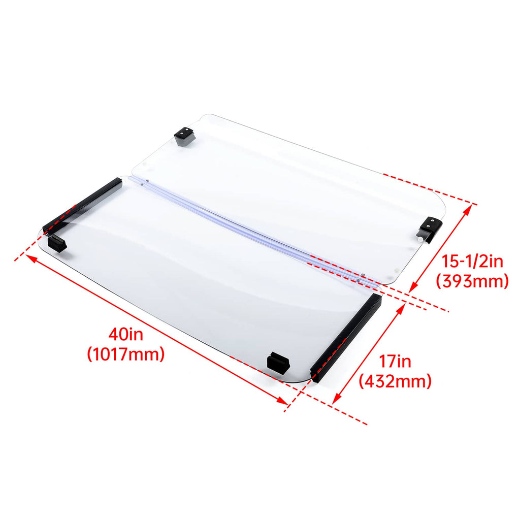 Clear folding golf cart windshield with black corner mounts and blue support rails