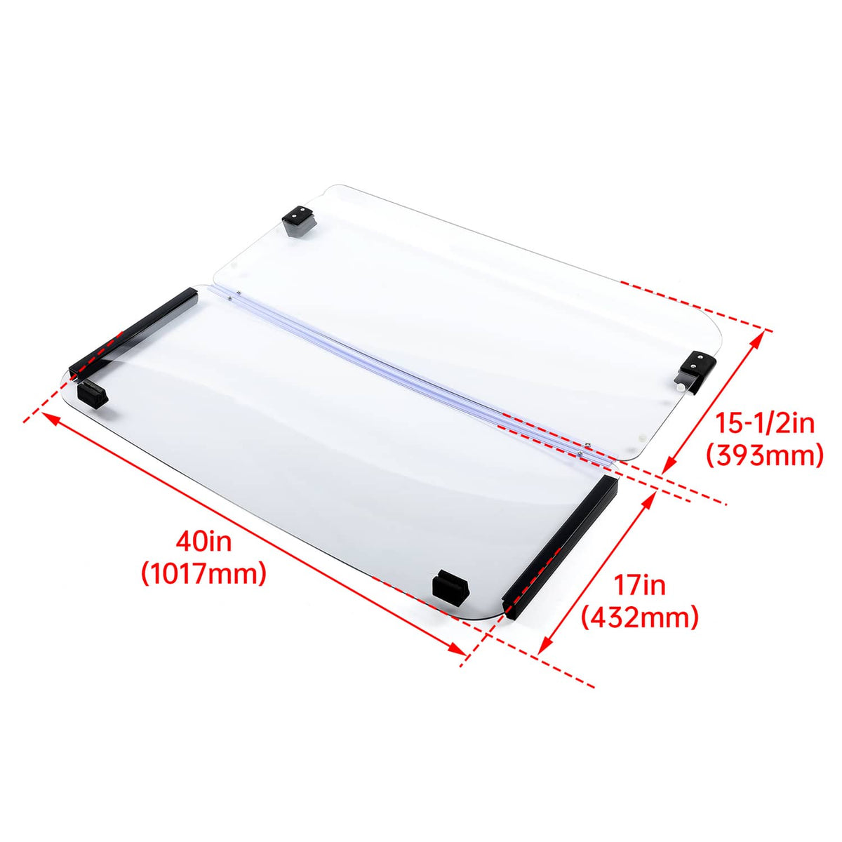 Clear folding golf cart windshield with black corner mounts and blue support rails