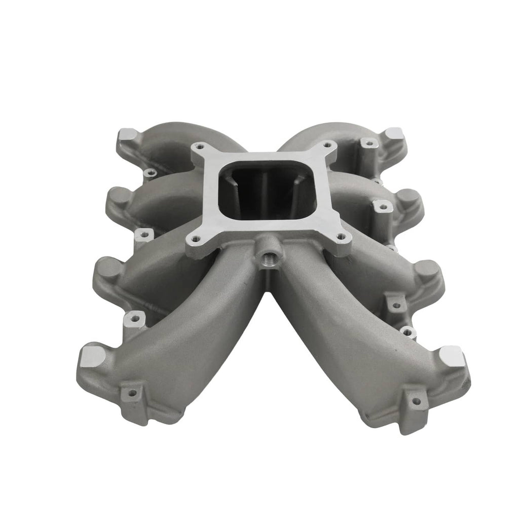 Gray single-plane intake manifold with gasket, central square port and four runners