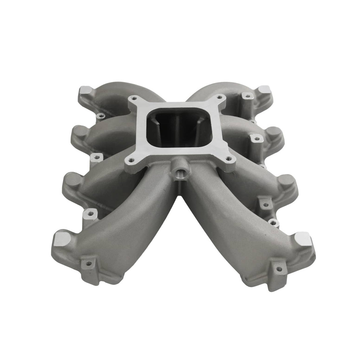 Gray single-plane intake manifold with gasket, central square port and four runners