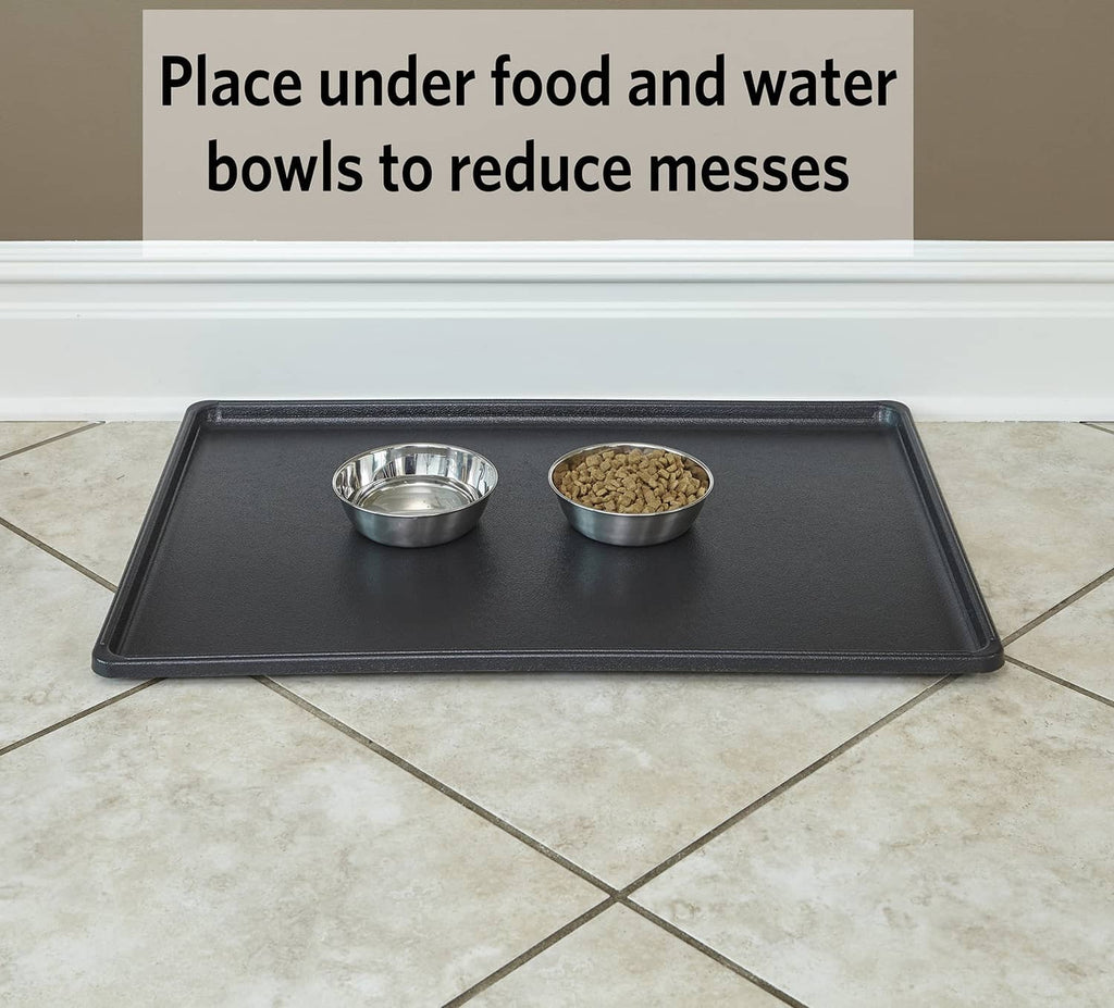 Dark replacement crate pan under food and water bowls to reduce mess