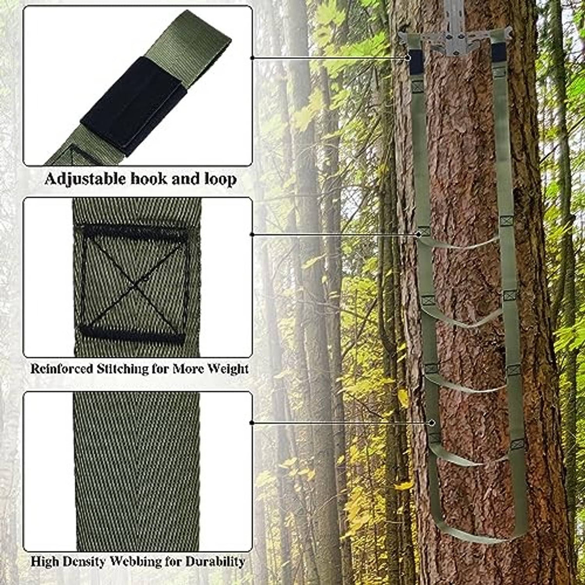 Climbing stick aider with adjustable hook-and-loop strap and reinforced stitching
