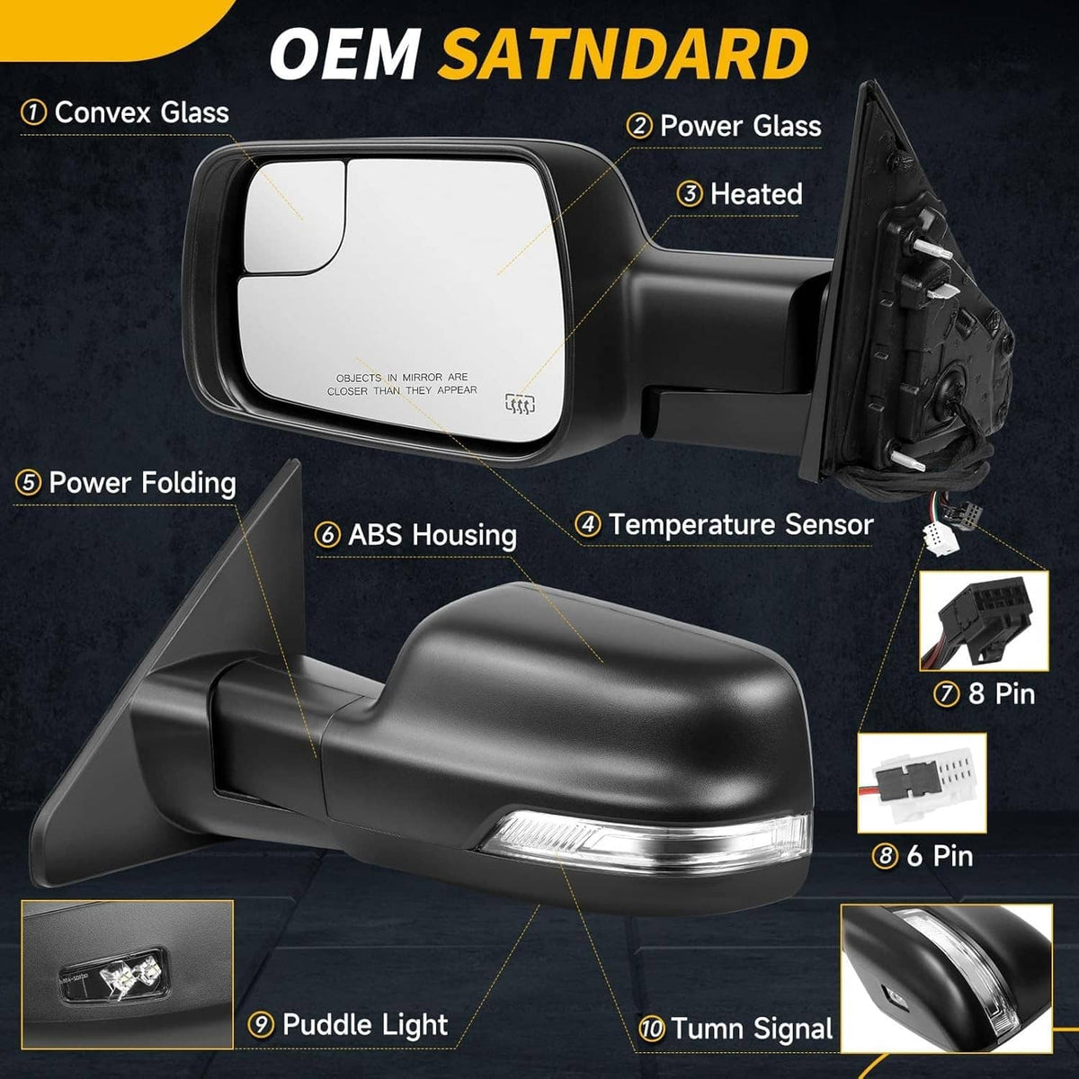 Heated power folding driver side mirror with power glass, ABS housing, temperature sensor