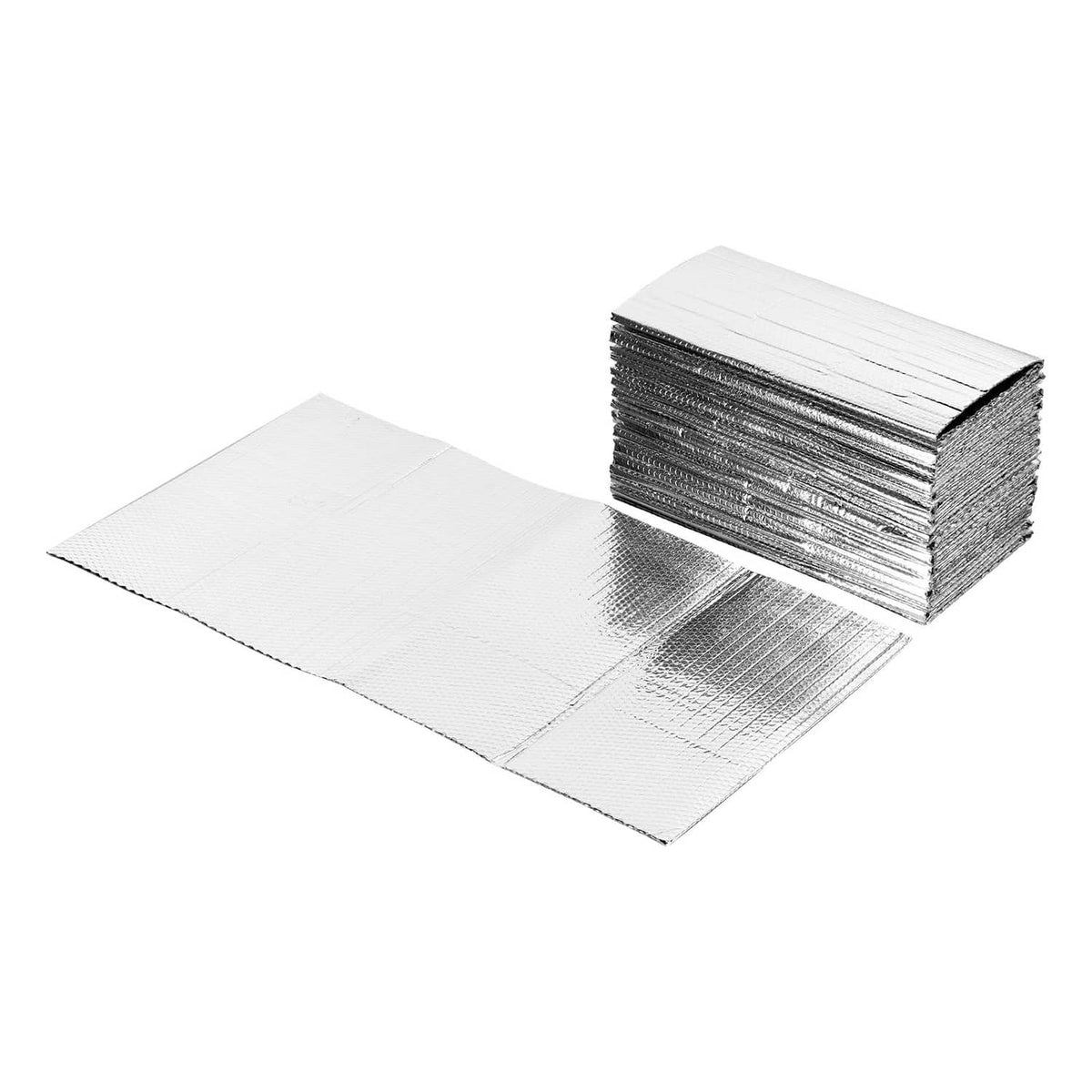 Reflective insulation panels with silver foil top and layered air-bubble sheets on the side.