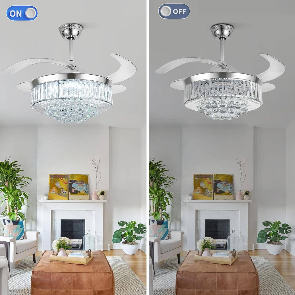 Ceiling fan with crystal light shown on and off to display brightness difference