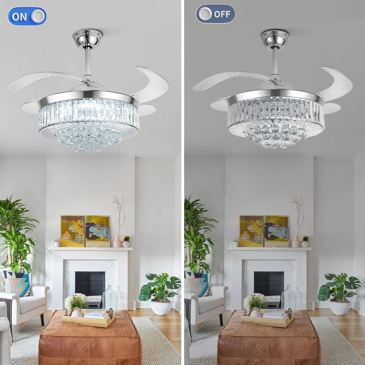 Ceiling fan with crystal light shown on and off to display brightness difference