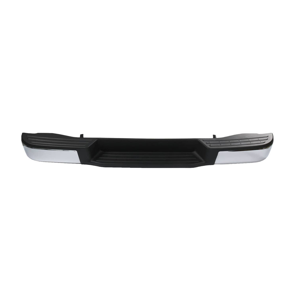 Rear bumper assembly front view, black center grille with silver side trim
