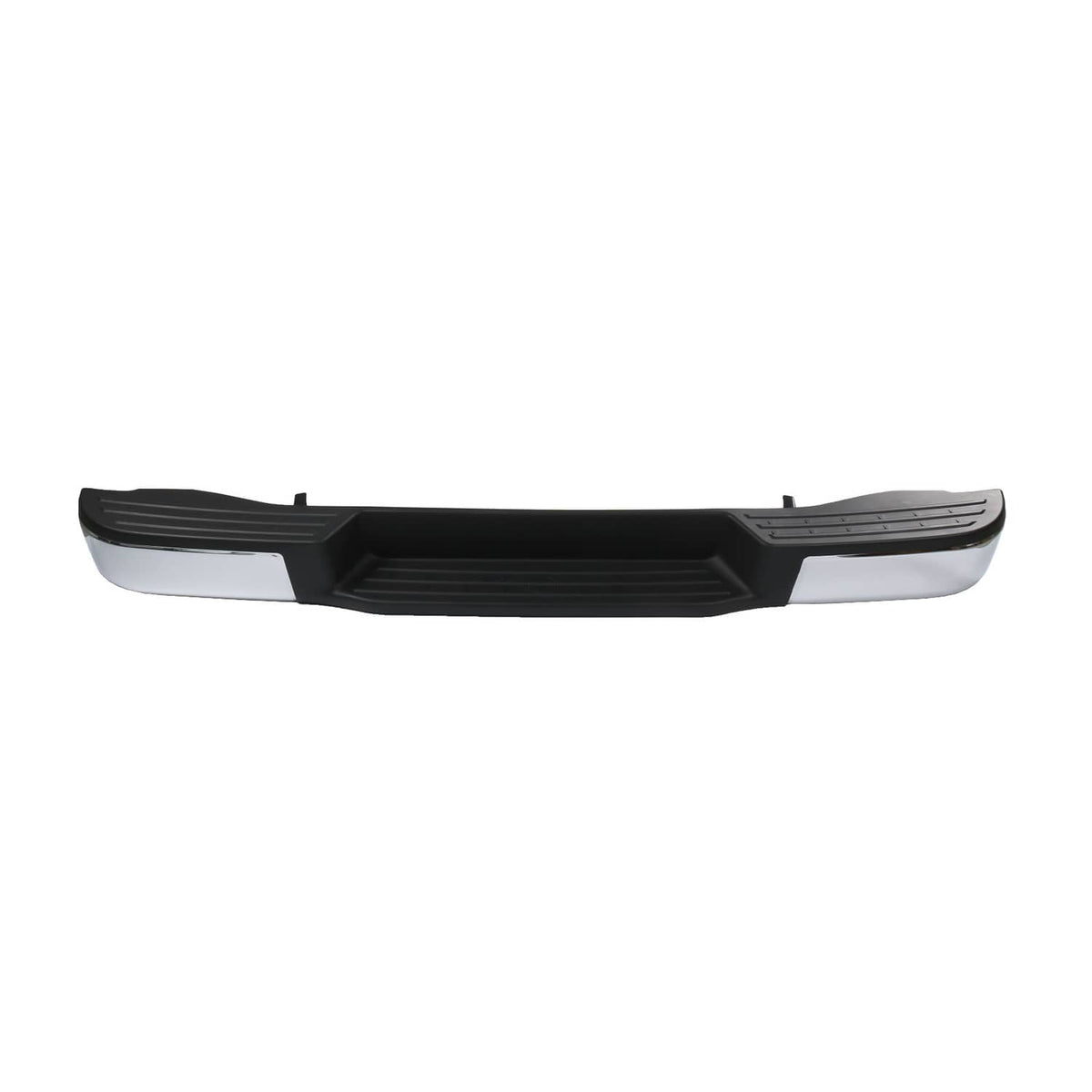 Rear bumper assembly front view, black center grille with silver side trim