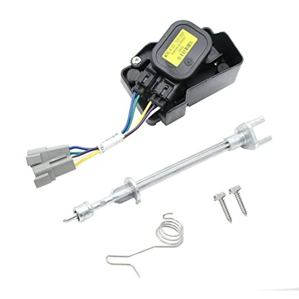 Throttle potentiometer sensor with attached wiring, metal shaft, mounting screws, L key, spring