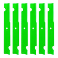 Set of green mower blades with mounting holes, high-lift style.