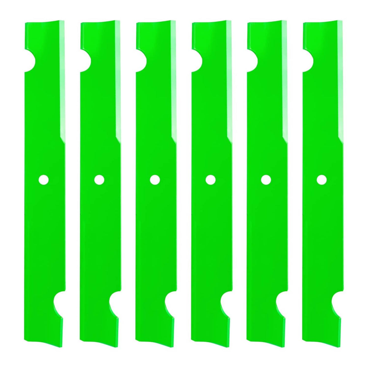 Set of green mower blades with mounting holes, high-lift style.