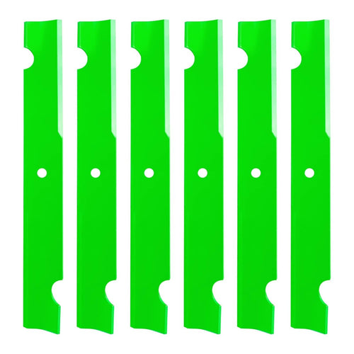 Set of green mower blades with mounting holes, high-lift style.