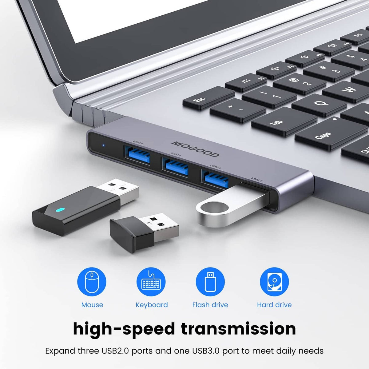 MOGOOD grey USB hub with four blue ports and included USB adapters
