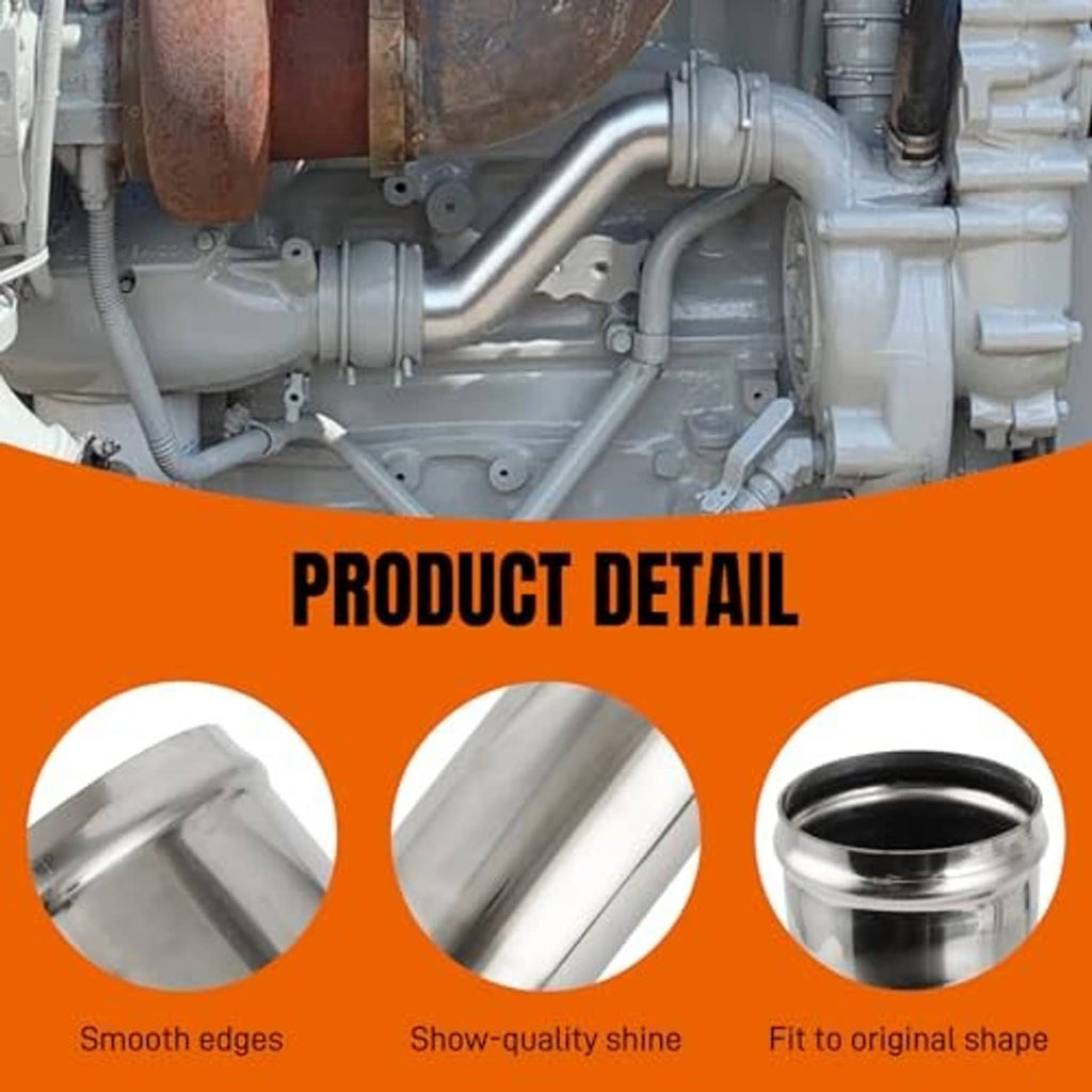 Silver coolant pipe with 90-degree bend and flange mounting on engine bay.