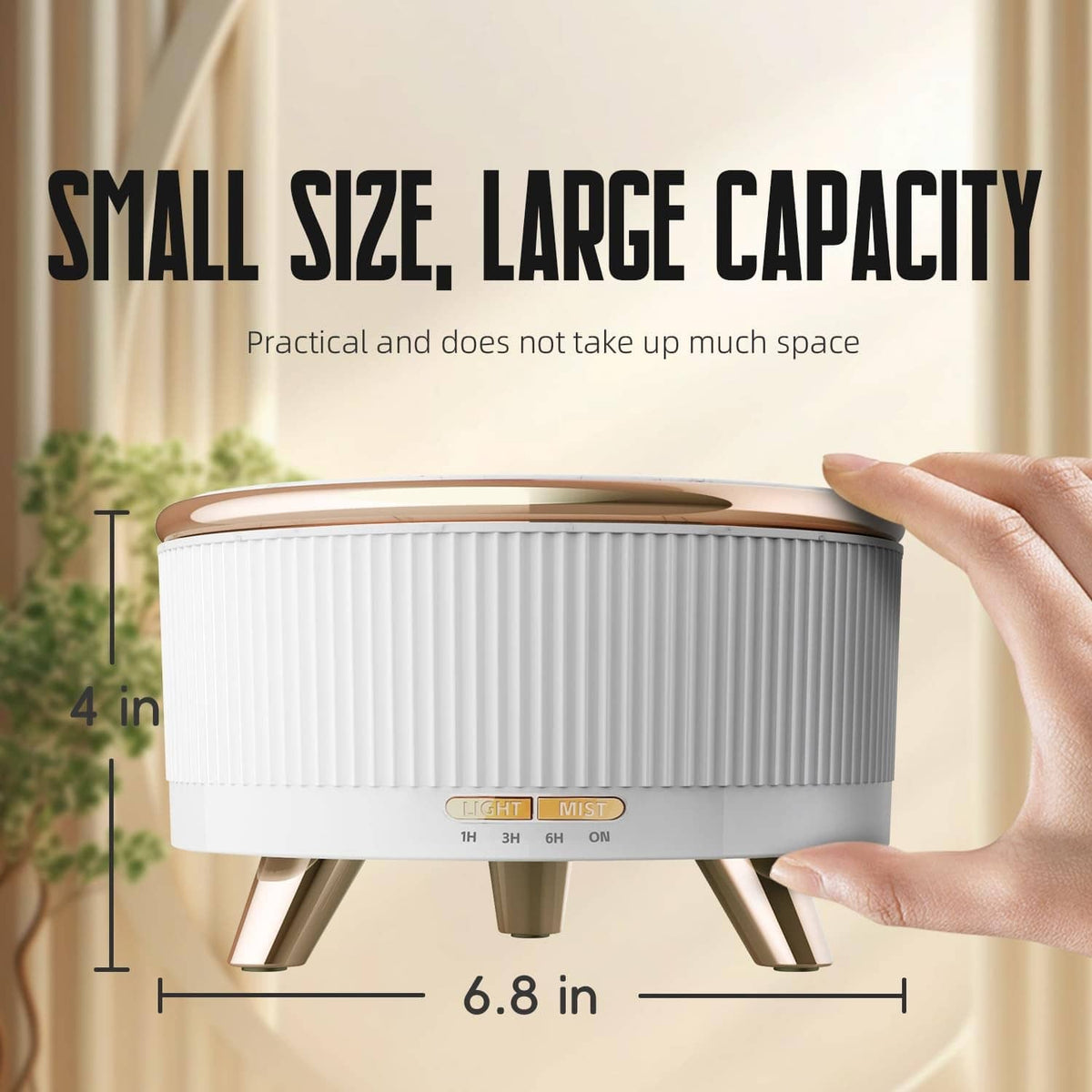 White essential oil diffuser with marble-look lid, gold feet, and front mist controls
