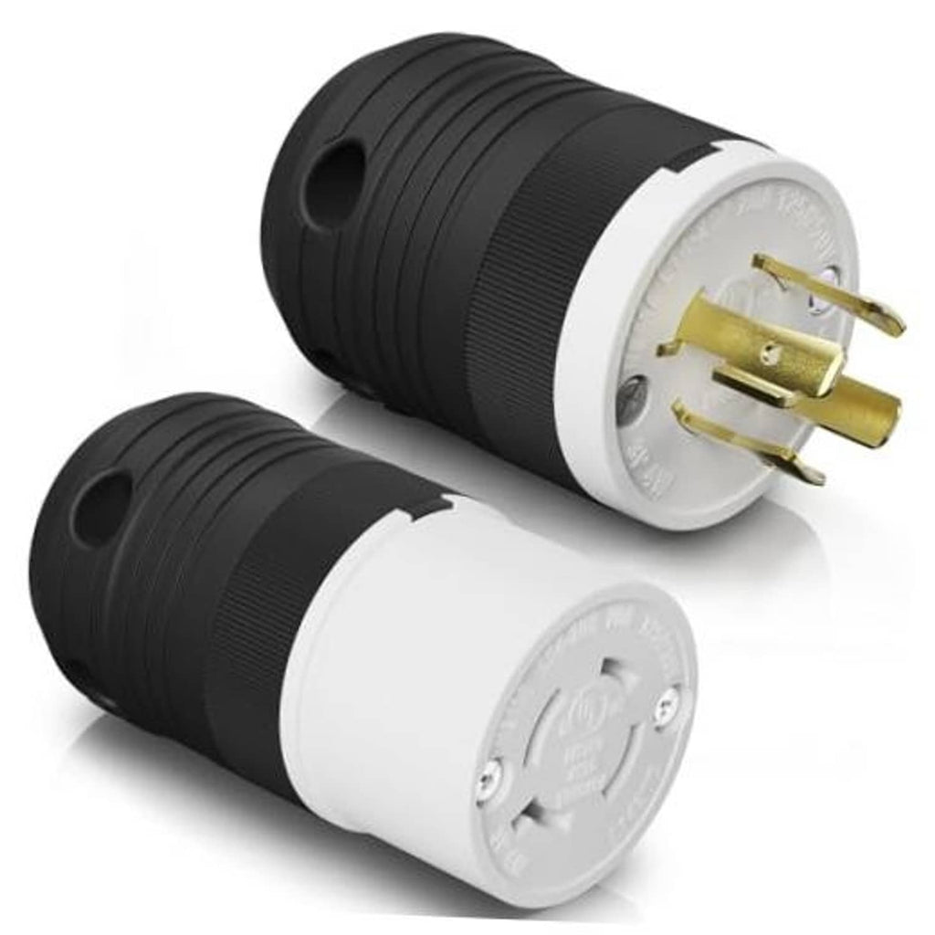 NEMA L14-20 locking plug pair with black ribbed body, white face, and gold prongs