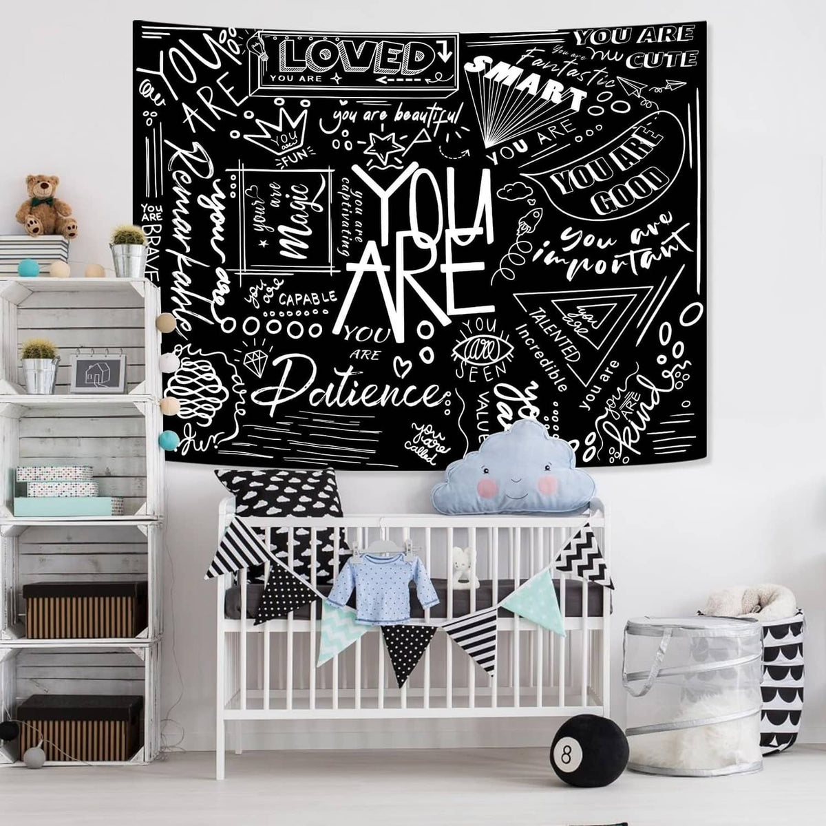 Black kids classroom tapestry with white quote doodles, 'You Are Art' and 'Patience' text