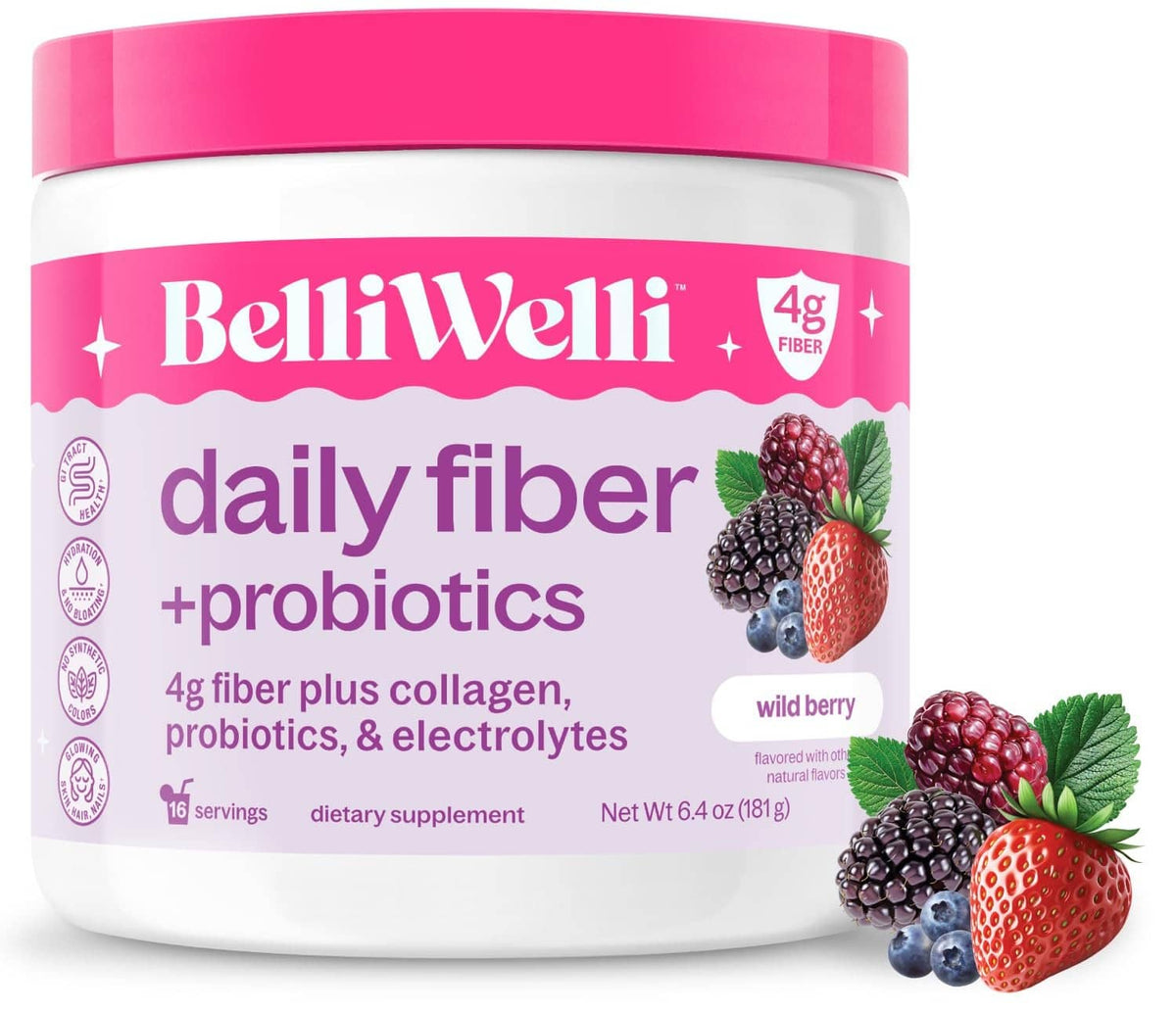 Pink-lidded daily fiber and probiotics supplement tub with wild berry label