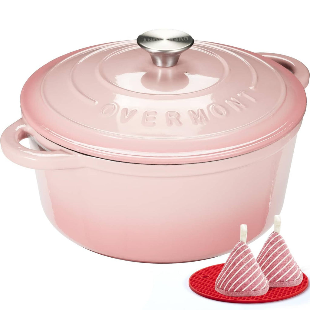 Overmont pink enameled cast iron Dutch oven with lid, round pot shape.