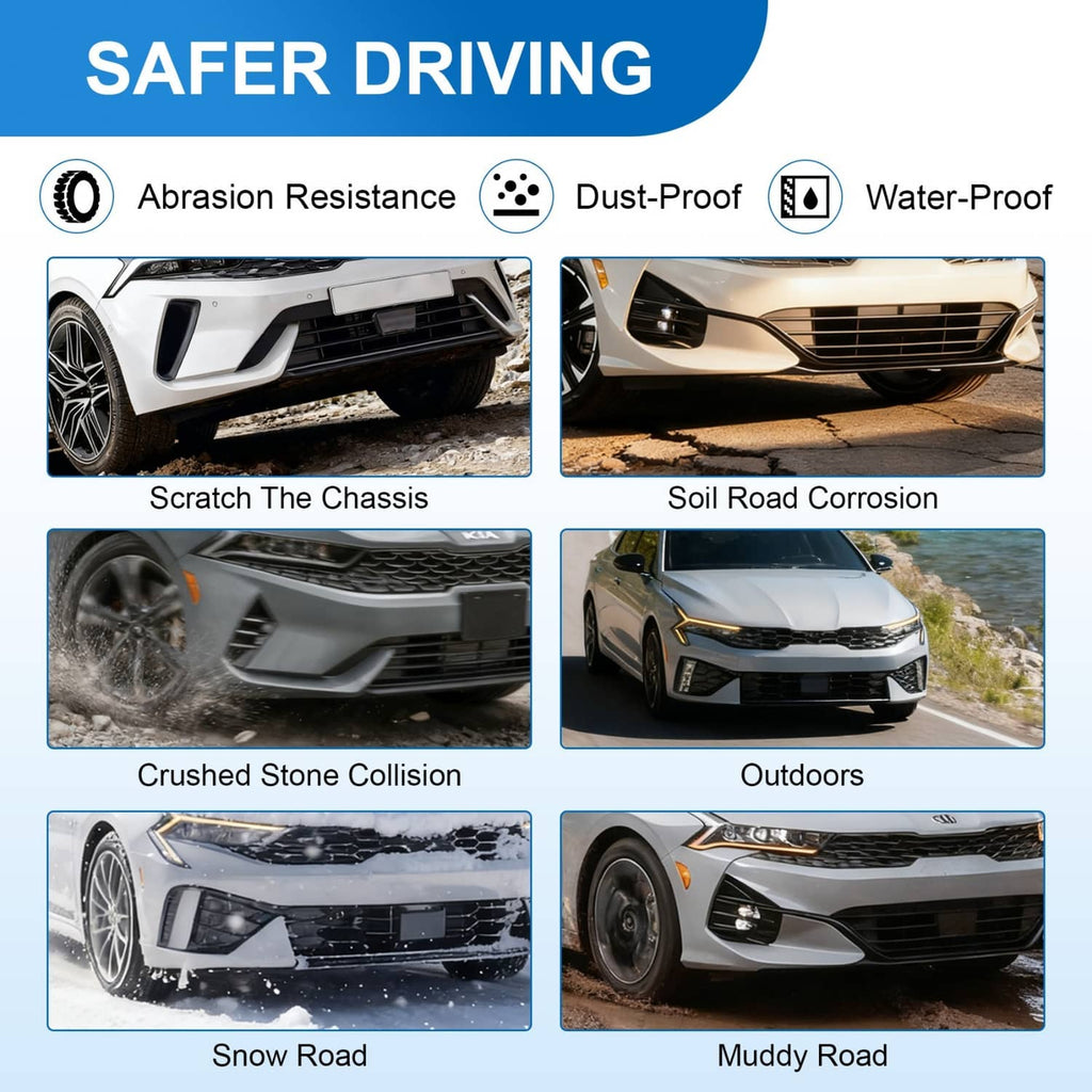 Car front showing black engine splash shield protecting the chassis area