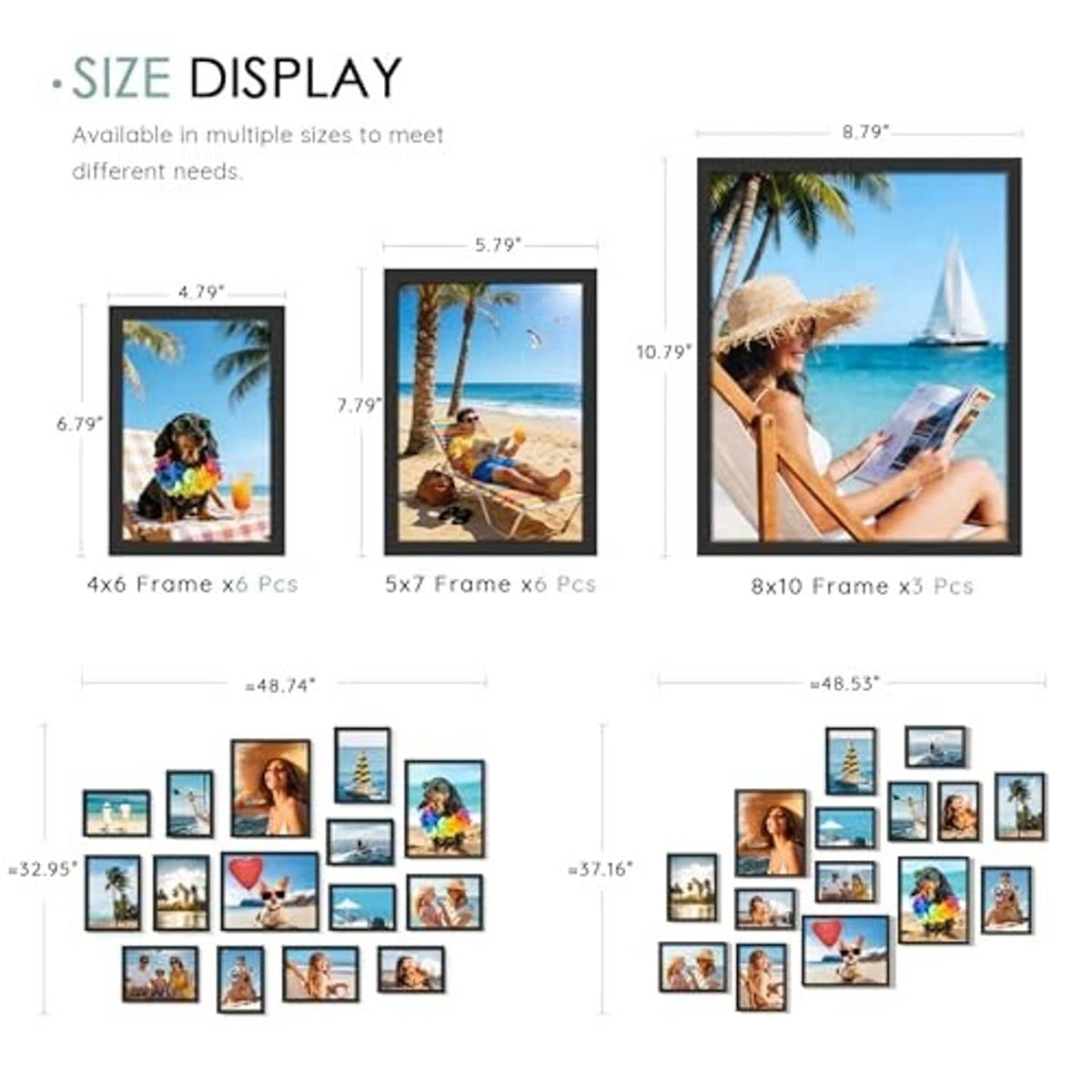 Mixed-size picture frame set: 4x6, 5x7, and 8x10 frames