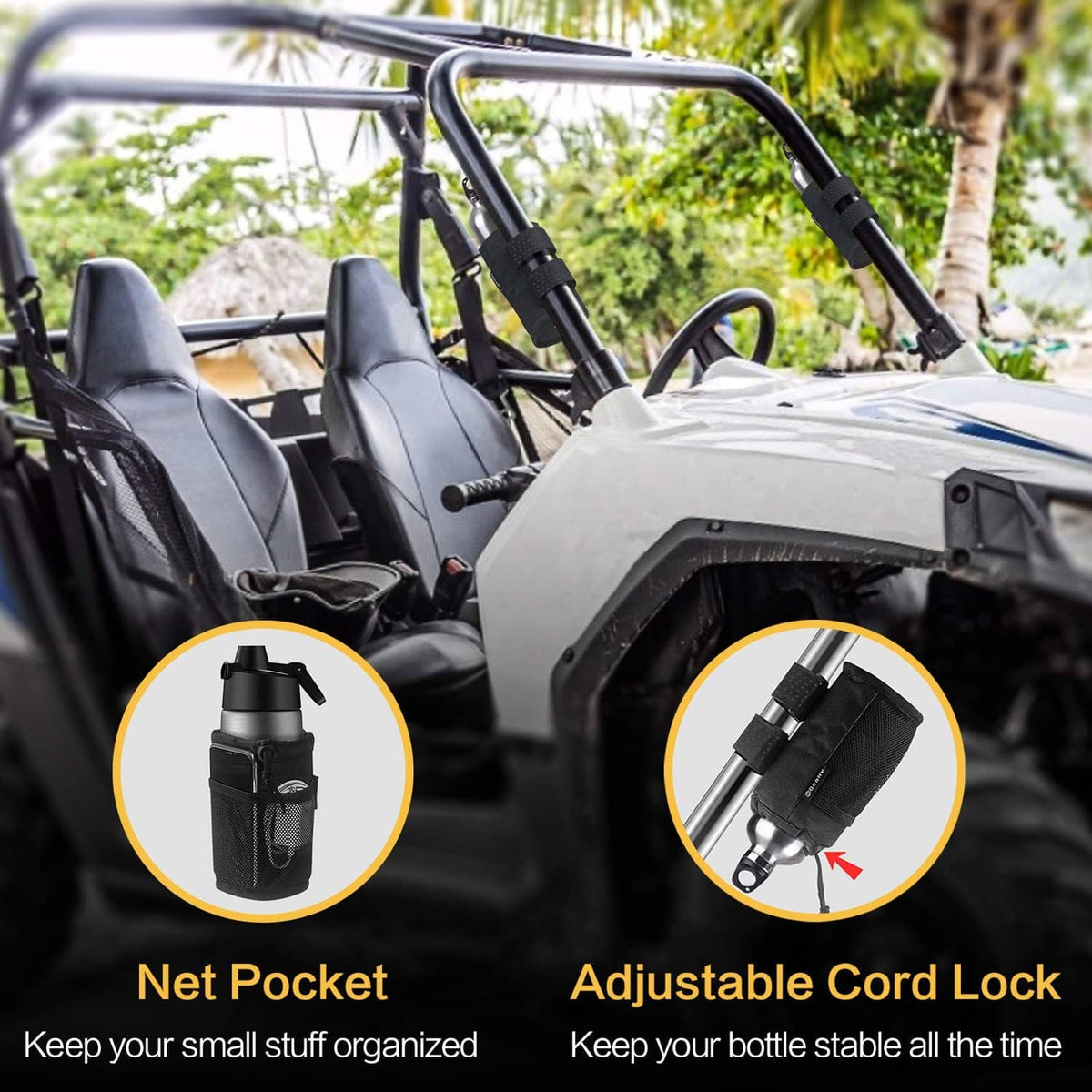 Black cup holder bag with net pocket and adjustable cord lock strap
