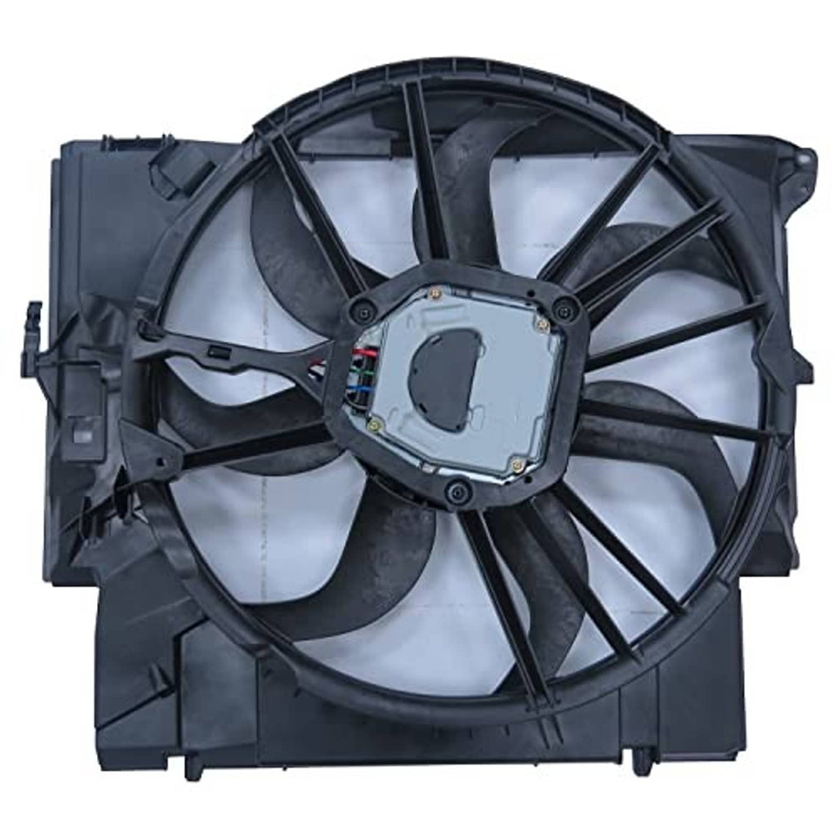 Black cooling fan assembly side view with multi-blade fan and central motor housing
