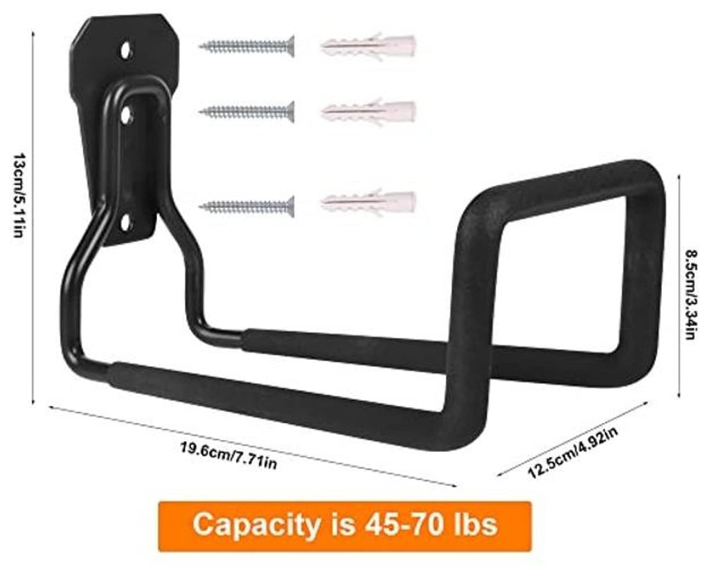 Black metal wall hose holder with mounting plate, included screws, and U-shaped cradle
