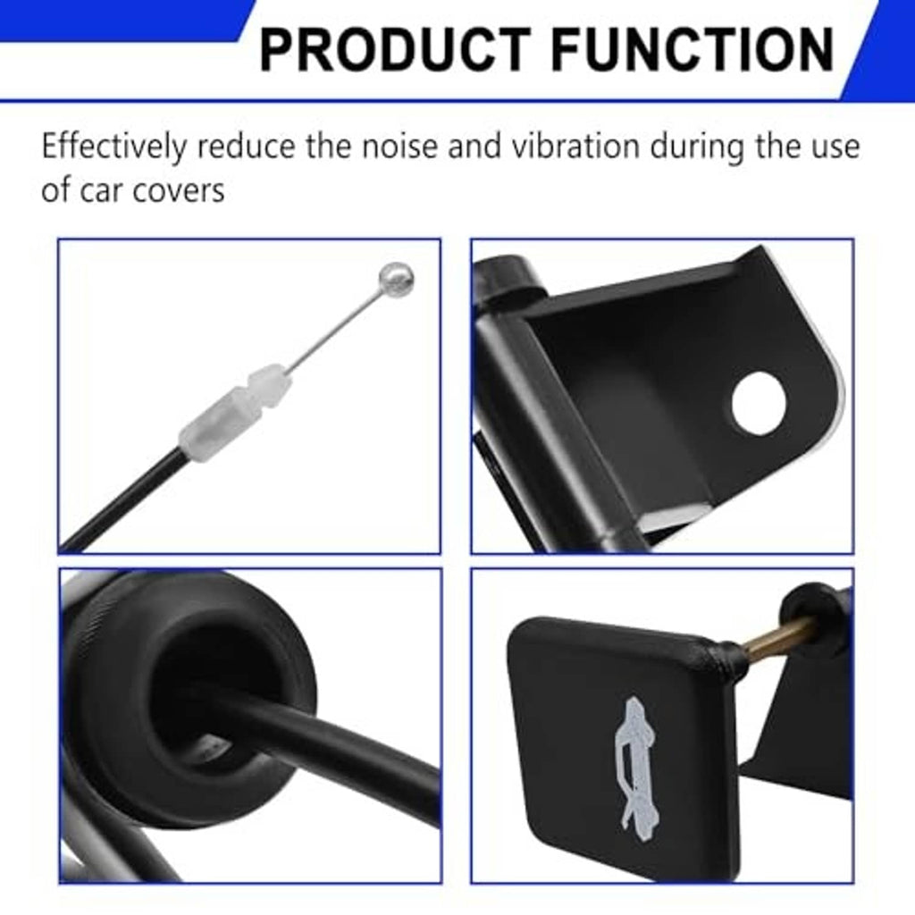 Hood release cable components detail with black brackets and cable end