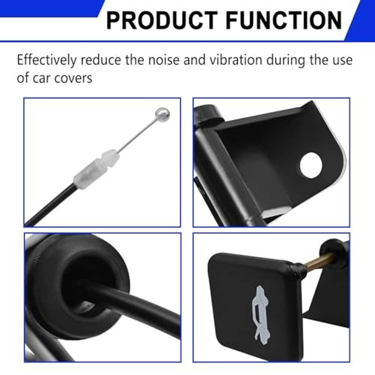 Hood release cable components detail with black brackets and cable end