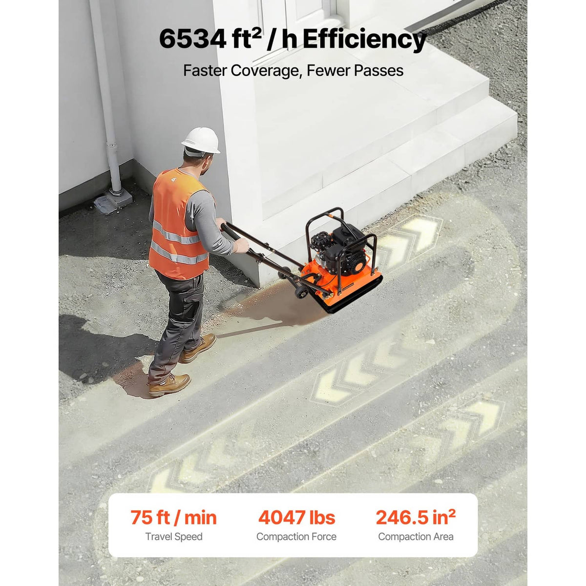Orange plate compactor vibrating plate and engine with black handle frame