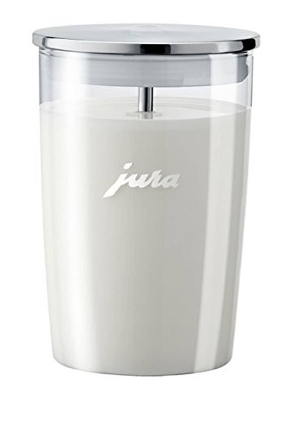 Jura glass milk container with chrome lid, white interior, clear sides