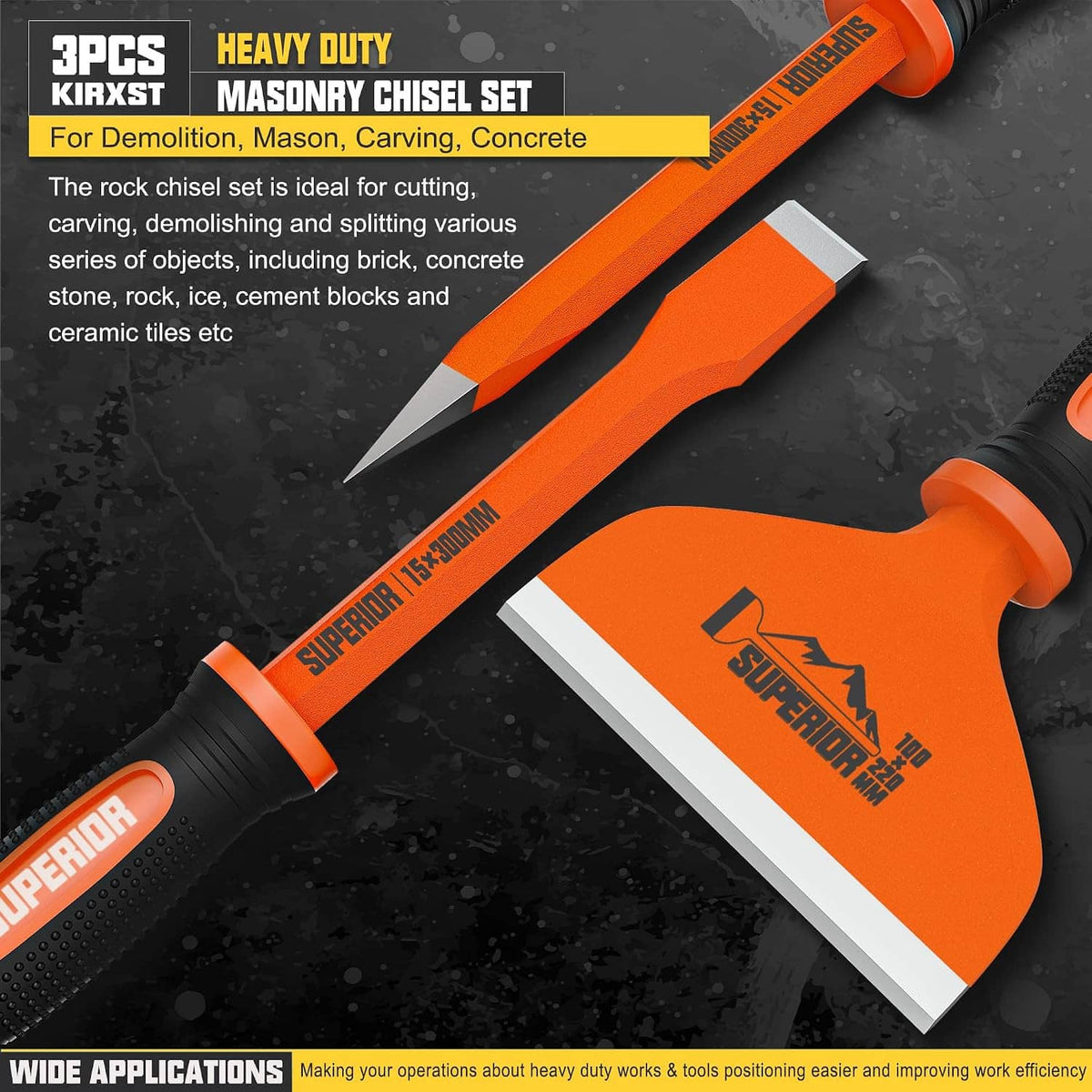 Heavy duty masonry chisels, orange-and-black grips with pointed steel ends (set of 3)