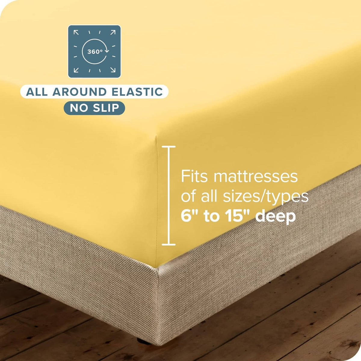 Lemon-yellow deep-pocket microfiber fitted sheet with all-around elastic corner grip.