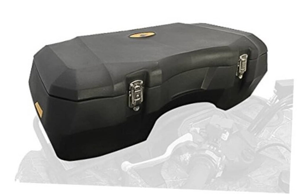 ATV front storage box with hinged lid and two metal latch locks, dark gray