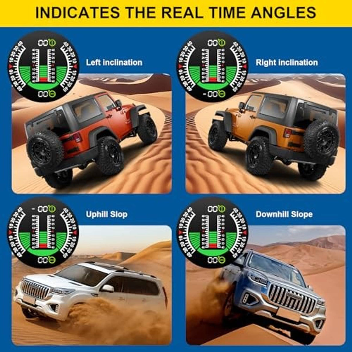 Inclinometer angle gauge graphics showing left/right inclination for off-road slopes