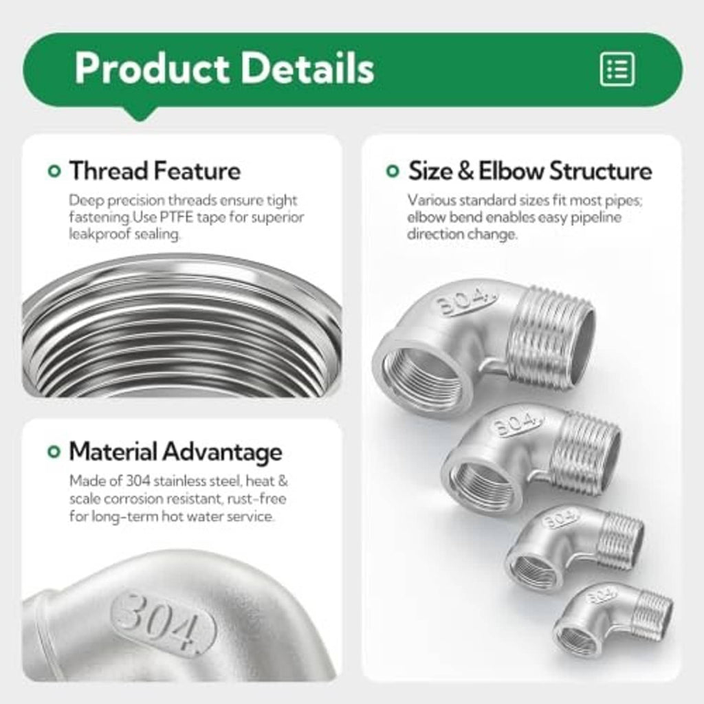 Stainless steel 90-degree elbow pipe fitting details with threaded connection close-ups
