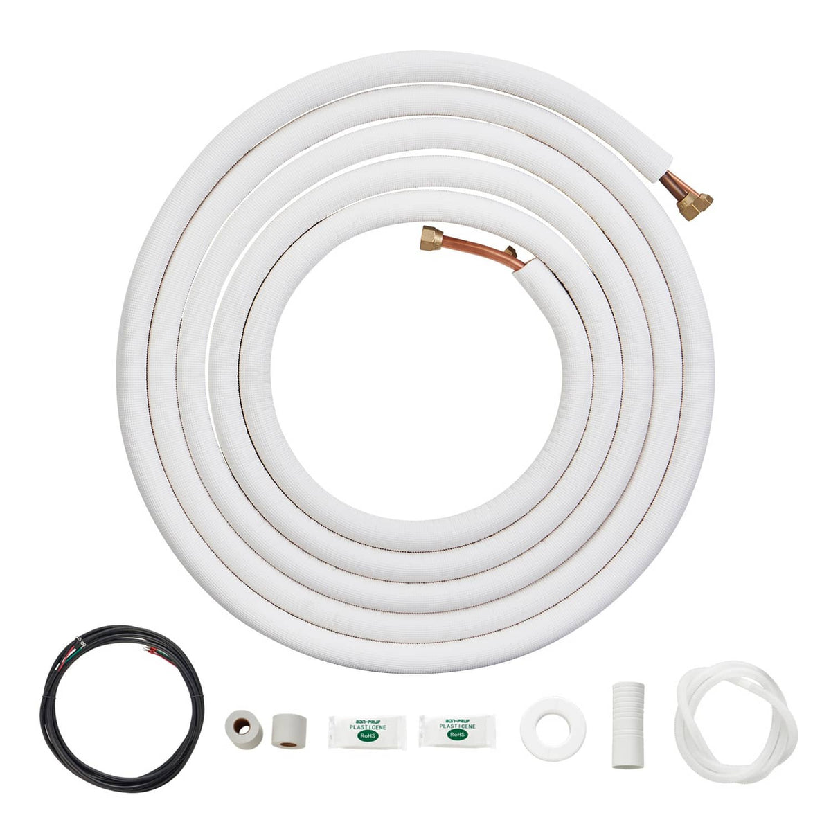 Insulated mini split line set with white tubing and copper fittings