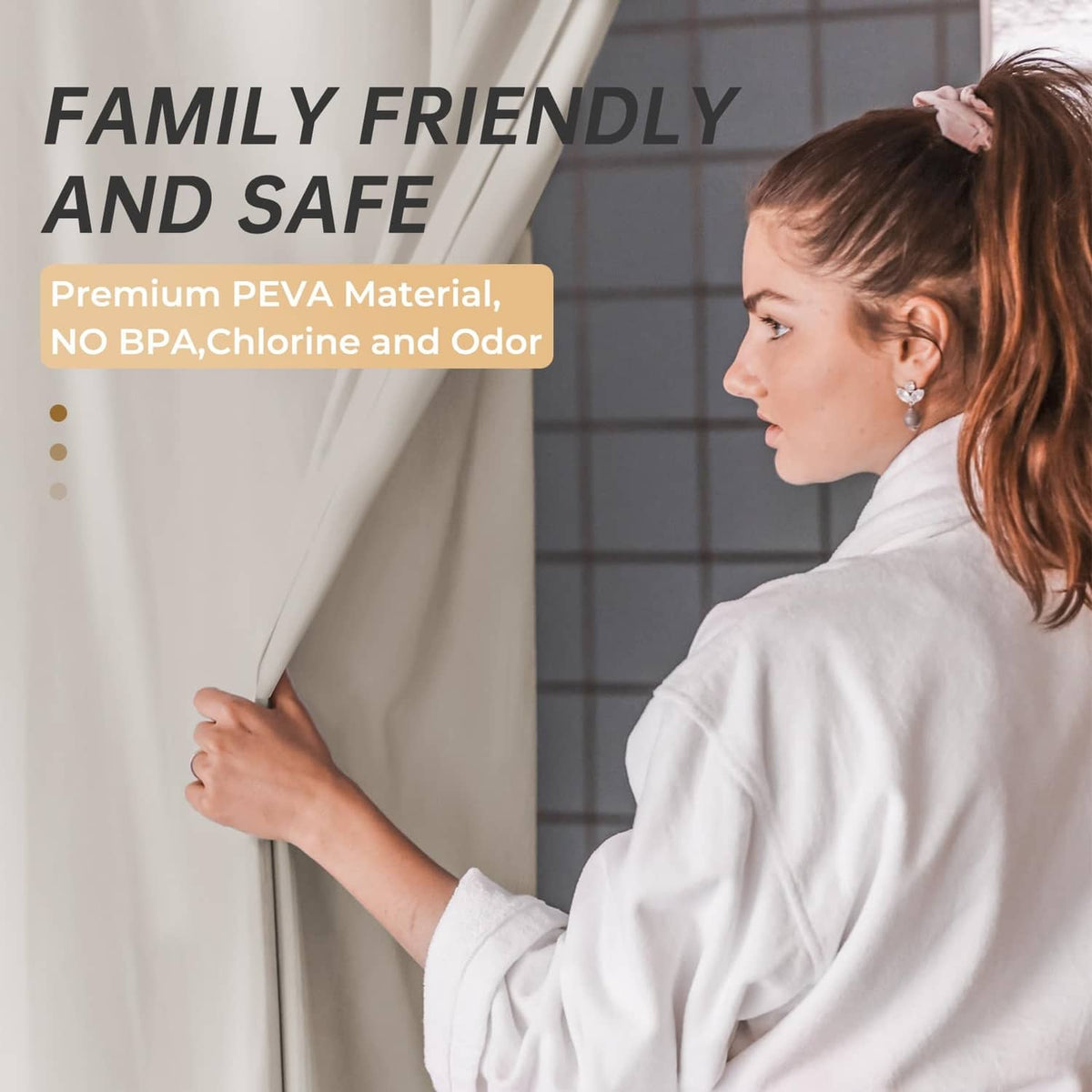 Tan PEVA shower curtain liner held open by a woman, draped single panel