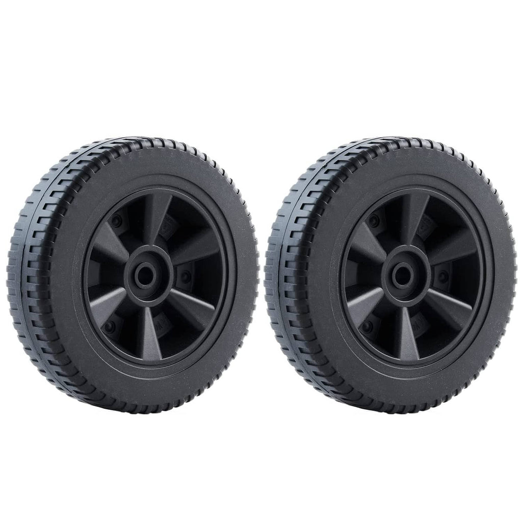 Pair of black 7-inch rubber wheels with star-spoke hub, replacement parts