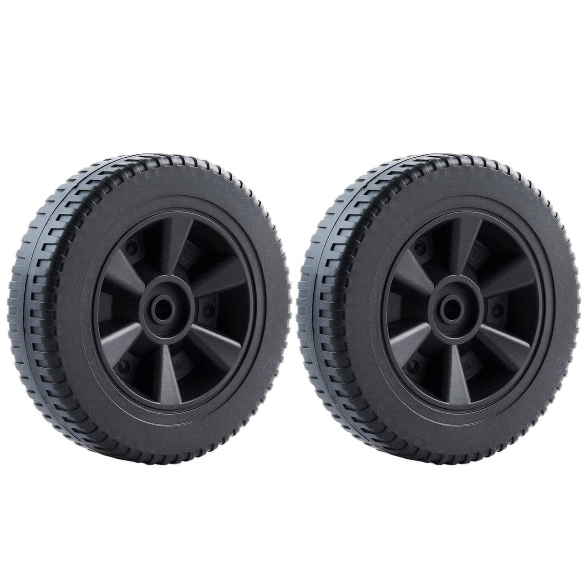 Pair of black 7-inch rubber wheels with star-spoke hub, replacement parts