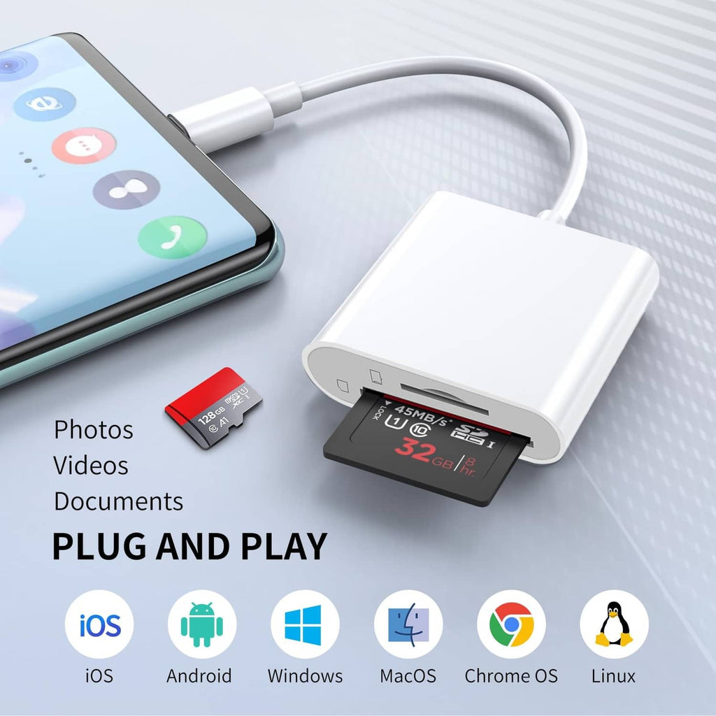 White USB-C 2-in-1 card reader with SD and microSD cards connected to a smartphone