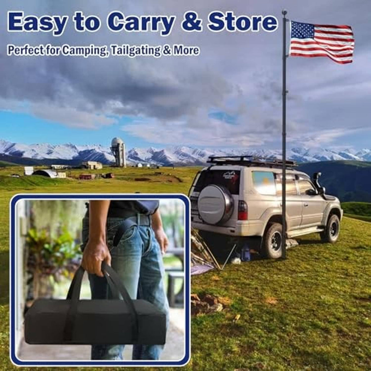 Black portable tire mount holder with carry bag for storage and transport