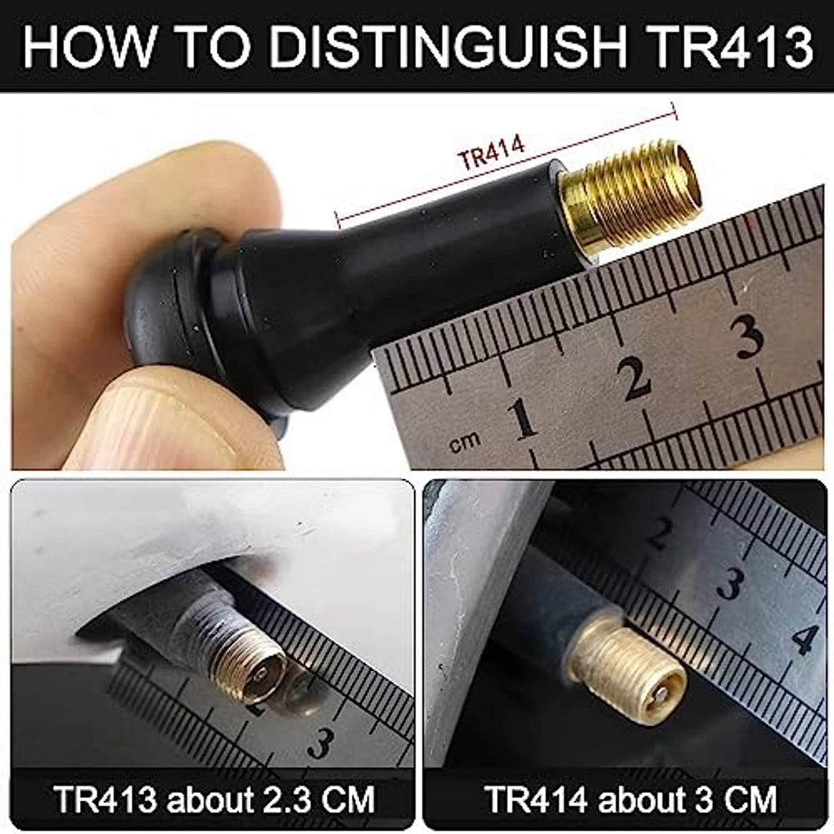Black tire valve stem with brass threads and a measuring ruler for cap length